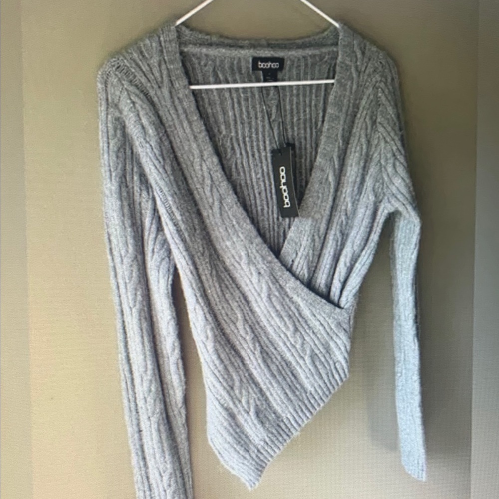 Boohoo Gray Wrap Sweater